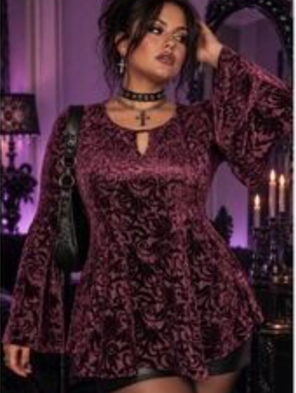 Investments Velvet Burnout Bell Sleeve WhimsyGoth Burgandy Babydoll Top Size Med
